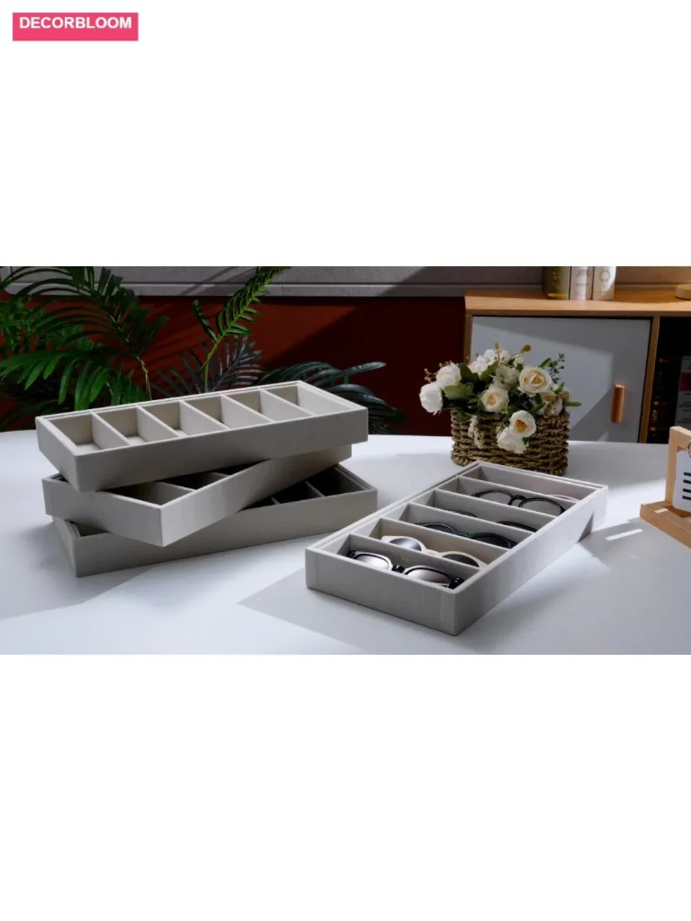 Set of 4 Velvet Sunglass Trays 6 Grids Linen Organizer Stackable Storage